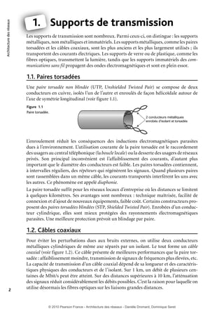 Architecture des réseaux

1. Supports de transmission
S
Les supports de transmission sont nombreux. Parmi ceux-ci, on distingue : les supports
métalliques, non métalliques et immatériels. Les supports métalliques, comme les paires
torsadées et les câbles coaxiaux, sont les plus anciens et les plus largement utilisés ; ils
transportent des courants électriques. Les supports de verre ou de plastique, comme les
fibres optiques, transmettent la lumière, tandis que les supports immatériels des communications sans fil propagent des ondes électromagnétiques et sont en plein essor.

1.1. Paires torsadées
Une paire torsadée non blindée (UTP, Unshielded Twisted Pair) se compose de deux
conducteurs en cuivre, isolés l’un de l’autre et enroulés de façon hélicoïdale autour de
l’axe de symétrie longitudinal (voir figure 1.1).
Figure 1.1
Paire torsadée.
2 conducteurs métalliques
enrobés d'isolant et torsadés

L’enroulement réduit les conséquences des inductions électromagnétiques parasites
dues à l’environnement. L’utilisation courante de la paire torsadée est le raccordement
des usagers au central téléphonique (la boucle locale) ou la desserte des usagers de réseaux
privés. Son principal inconvénient est l’affaiblissement des courants, d’autant plus
important que le diamètre des conducteurs est faible. Les paires torsadées contiennent,
à intervalles réguliers, des répéteurs qui régénèrent les signaux. Quand plusieurs paires
sont rassemblées dans un même câble, les courants transportés interfèrent les uns avec
les autres. Ce phénomène est appelé diaphonie.
La paire torsadée suffit pour les réseaux locaux d’entreprise où les distances se limitent
à quelques kilomètres. Ses avantages sont nombreux : technique maîtrisée, facilité de
connexion et d’ajout de nouveaux équipements, faible coût. Certains constructeurs proposent des paires torsadées blindées (STP, Shielded Twisted Pair). Enrobées d’un conducteur cylindrique, elles sont mieux protégées des rayonnements électromagnétiques
parasites. Une meilleure protection prévoit un blindage par paire.

1.2. Câbles coaxiaux

2

Pour éviter les perturbations dues aux bruits externes, on utilise deux conducteurs
métalliques cylindriques de même axe séparés par un isolant. Le tout forme un câble
coaxial (voir figure 1.2). Ce câble présente de meilleures performances que la paire torsadée : affaiblissement moindre, transmission de signaux de fréquences plus élevées, etc.
La capacité de transmission d’un câble coaxial dépend de sa longueur et des caractéristiques physiques des conducteurs et de l’isolant. Sur 1 km, un débit de plusieurs centaines de Mbit/s peut être atteint. Sur des distances supérieures à 10 km, l’atténuation
des signaux réduit considérablement les débits possibles. C’est la raison pour laquelle on
utilise désormais les fibres optiques sur les liaisons grandes distances.

© 2010 Pearson France - Architecture des réseaux - Danièle Dromard, Dominique Seret

7480Book.indb 2

27/09/10 13:30

 
