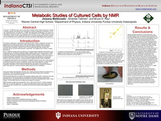 IndianaCTSI ACCELERATING CLINICAL AND
TRANSLATIONAL RESEARCH
Indiana Clinical and Translational Sciences Institute
www.indianactsi.org
Metabolic Studies of Cultured Cells by NMRMetabolic Studies of Cultured Cells by NMR
Jessany Maldonado1
, Amanda Tallman2
, and Bruce D. Ray2
1
Warren Central High School, 2
Department of Physics, Indiana University Purdue University Indianapolis
References
[1] Rosenberg, G.D. et al., Amer. Malac. Bul, 16: 251-261 (2001)
[2] Toru, M. and Aprison, M. H., J. Neurochem. 13: 1533-1544 (1966)
[3] Robinette, S.L. et al., Anal. Chem. 80: 3606-3611 (2008)
[4] Brüschweiler, R. and Zhang, F., J. Chem. Phys. 120: 5253-5260 (2004).
[5] Brüschweiler, R., J. Chem. Phys. 121: 409-414 (2004).
[6] Trbovic, N., et al., R., J. Magn. Reson. 171: 277-283 (2004).
[7] Zhang, F. and Brüschweiler, R., Angew. Chemie 46: 2639-2642 (2007).
[8] Jansen, J.F.A. et al., Magn. Reson. Med. 56: 666-667 (2006).
[9] Perez-Diaz, J. et al., Am. J. Physiol. Endocrinol. Metab. 232: E394-400 (1997).
Abstract
Previously, 31
P NMR has been used to study tissue metabolic activity. Recent advances in spectral
correlation software have allowed some researchers to measure metabolite concentrations in urine,
bile, cerebrospinal fluid, and plasma by 1
H NMR. With appropriate immobilization, this ought to be
extendable to tissues and cells. As a preliminary test of the limits of this, 1
H NMR spectra of formic
acid/ acetone extracts of clam mantle segments and of cultured lung epithelial cells were acquired,
and the metabolites by the COLMAR query web site at the National High Magnetic Field Laboratory.
IntroductionThe bivalve’s mantle layer is responsible for secreting the shell. Calcium, magnesium, and sulfur are
absorbed from the water by the bivalve’s mantle and secreted to create the calcite of the shell.
Different parts of the mantle that produces the shell have different metabolic rates and different
membrane lipid compositions. Sections A and D of the mantle represent high curvature shell
production and low curvature shell production, respectively. The metabolic rate in section A is faster
than that in D.
Since 31
P NMR has already shown the differences in phosphorylated metabolite levels between clam
mantle segments1
, we looked at metabolic profiles in different regions of the clam mantle by 1
H NMR
to attempt to identify and quantitate metabolic differences between regions. 1
H NMR of formic acid /
acetone tissue extracts from dissected samples of both A and D gave spectra of the whole mixture of
extracted metabolites. Identification of the individual metabolites was attempted by computerized
analysis of each mixture spectrum, including comparison against spectra of known metabolites.
Lung epithelial cells exposed to the components of cigarette smoke tend to die. Also, in vivo, exposure
to cigarette smoke tends to result in emphysema. As with clam mantle segments, 1
H NMR of formic
acid / acetone extracts of cultured lung cells gave spectra of the whole mixture of extracted
metabolites. Identification of the individual metabolites was attempted by computerized analysis of
each mixture spectrum, including comparison against spectra of known metabolites.
Methods
Tissue and cultured cell preparation: All formic Acid / acetone extractions followed the method of Toru
and Aprison2
. Tissue was subjected to freeze-fracture under liquid nitrogen prior to extraction.
Cultured cells did not require this treatment.
Plated lung epithelial cells were washed with phosphate buffered saline (PBS), scraped from the plate
into suspension in PBS and harvested by centrifugation before flash freezing in liquid nitrogen.
Membrane grown lung epithelial cells were removed from media and immediately flash frozen in liquid
nitrogen. The membrane was then cut away from its support for extraction.
NMR of extracts: Extracts were resuspended in 700 μL D2O with 25 mM pH 7.4 sodium phosphate
buffer and 14.3 μM DSS (reference). 1
H 1 D and tocsy NMR spectra of each extract were acquired.
Tocsy spectra were submitted to the COLMAR query web site at the National High Magnetic Field
Laboratory3-7
.
Results &
Conclusions
Spectra showing comparisons of membrane grown, and
harvested plated control and cigarette smoke exposed B2b
bronchial epithelial cells, and of clam mantle segments A and
D are shown. The carbonyl proton of glyceraldehyde, and H-
1 and H-2 of glucose were separated enough for easy
quantitation in the 1 D spectra. Only with membrane grown
cells were clearly defined glucose peaks. Integration gave a
glucose concentration of 2 µmoles/g wet weight. However,
this includes an unknown contribution from residual media
which contained 25 mM glucose. On the other hand,
glyceraldehyde should be intracellular and was present at 10
µmoles/g in membrane grown cells, 2.4 µmoles/g in plated
control cells, and 1.8 µmoles/g in plated cigarette smoke
exposed cells. This suggests that the harvesting procedure
depleted intracellular metabolites, expected given the
published high rate of glycolysis9
. Nevertheless, some
indication of the distress smoke exposure induced in these
cultured lung cells may be preserved in the glyceraldehyde
levels. However, lactate levels seemed to be identical in both
smoke exposed and control cells albeit the lactate level was
1% of that in the membrane grown cells. Lactate was not part
of the media and therefore the difference in lactate level
represents effects of metabolism during plated cell
harvesting. Because of resonance overlap in the 1 D NMR
spectra, quantitation of lactate was not done.
For the clam segments glyceraldehyde levels were 6.9
µmoles/g for segment A and 8.8 µmoles/g for segment D.
The lack of glucose signals given prior observation of
monophosphorylated species in both segments and the
presence of peaks attributed to β-hydroxy butyrate indicate
that the commercial clams had not been fed in a while.
Further comparisons against other metabolite NMR spectra
databases are needed to complete identification of
metabolites in both the lung cells and the clam mantle
segments. Improvements in cell harvesting and in tissue
collection are obviously needed to preserve metabolite
differences.
Acknowledgements
Indiana Project SEED
Indiana Clinical and Translational Sciences Institute
Indiana University-Purdue University Indianapolis School of Science
Amanda Tallman
Gary D. Rosenberg
2
Toru, M. and Aprison, M. H. (1966) Brain Acetylcholine Studies: A New Extraction Procedure, J. Neurochem. 13, 1533-1544.
3
Robinette, S. L., Zhang, F., Bruschweiler-Li, L., and Bruschweiler, R. (2008) Web Server Based Complex Mixture Analysis by NMR, Anal. Chem. 80, 3606-3611.
B2b Bronchial Epithelial Cells
Exposed to 2.5% cigarette
smoke extract for 16 h.
Control cells exposed to air
Comparison of membrane grown (79 mg), and harvested, plated
cigarette smoke exposed (145.1 mg), and plated control (153.6 mg).
Reference area is equivalent to 90 nanomoles 1
H.
Clam mantle segments A (36.7 mg) and D (71.5 mg)
2D spectra of membrane grown lung B2b cells.
Cross peaks attributed to lactate circled. Cross peaks in
triangles attributed to choline, present in the media at
0.0286 mM. Complex enclosed by the rectangle may
represent myoinositol8
, present in the media at 0.04
mM. Glyceraldehyde autocorrelation peak on the
diagonal is enclosed with a hexagon. Despite the media
containing 4 mM L-Glutamine, identifiable glutamate
and glutamine cross peaks were not found.
Clam Dissection
White circles in the micrograph of the cigarette smoke exposed cells are
from dead cells that detached from the plate. Distorted and swollen cells
can also be seen in the micrograph of the cigarette smoke exposed cells.
500 MHz NMR
Spectrometer used
 