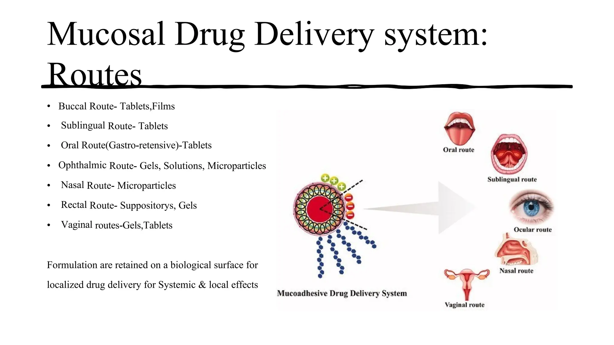 Mucosal Drug Delivery system:
Routes
• Buccal Route- Tablets,Films
• Sublingual Route- Tablets
• Oral Route(Gastro-retensive)-Tablets
• Ophthalmic Route- Gels, Solutions, Microparticles
• Nasal Route- Microparticles
• Rectal Route- Suppositorys, Gels
• Vaginal routes-Gels,Tablets
Formulation are retained on a biological surface for
localized drug delivery for Systemic & local effects
 