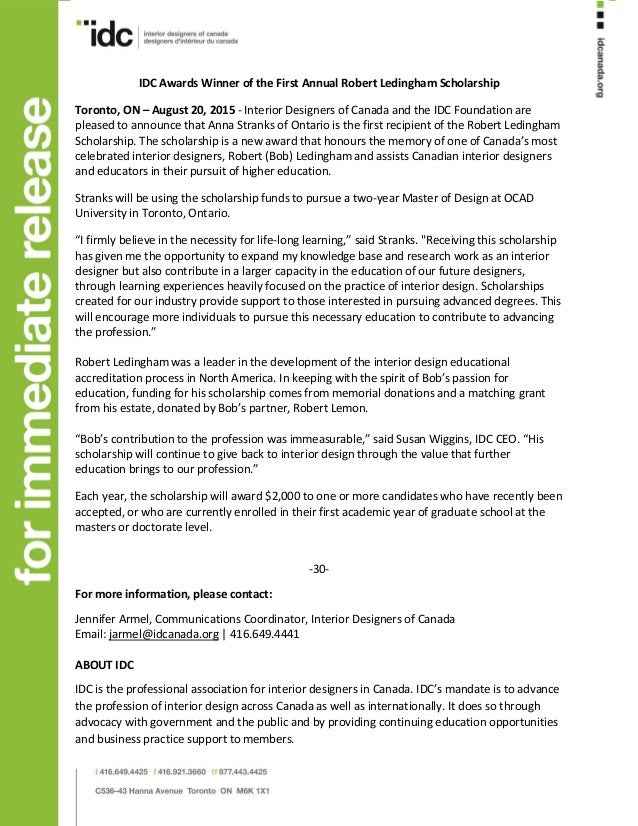 robert ledingham scholarship winner announcement press release en