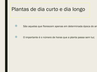 Plantas de dia curto e dia longo
 São aquelas que florescem apenas em determinada época do an
 O importante é o número de horas que a planta passa sem luz;
 