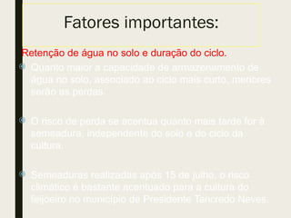 Fatores importantes:
Retenção de água no solo e duração do ciclo.
 Quanto maior a capacidade de armazenamento de
água no solo, associado ao ciclo mais curto, menores
serão as perdas.
 O risco de perda se acentua quanto mais tarde for à
semeadura, independente do solo e do ciclo da
cultura.
 Semeaduras realizadas após 15 de julho, o risco
climático é bastante acentuado para a cultura do
feijoeiro no município de Presidente Tancredo Neves.
 