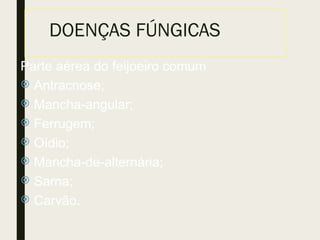 DOENÇAS FÚNGICAS
Parte aérea do feijoeiro comum
 Antracnose;
 Mancha-angular;
 Ferrugem;
 Oídio;
 Mancha-de-alternária;
 Sarna;
 Carvão.
 