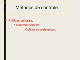 Métodos de controle
 Práticas culturais;
 Controle químico;
• Cultivares resistentes;
 