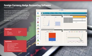 Elinext engineers developed a SaaS application with a
completely new architecture that allows corporations to
simply and efficiently entrust derivative accounting tasks
to a proven provider. It provides exposure tracking, trade
management journal entry preparation and disclosure
reporting to manage foreign currency and derivative
accounting risks.
Foreign Currency Hedge Accounting Software
Financial Services
Technologies:
—— Java
—— PosrgreSQL
—— JasperReports
—— Tomcat
—— JBoss
Functionality:
—— Cross-browser compatibility
—— High-standard security
—— Back compatibility
—— Reporting and chart creation
—— Export to PDF, XLS
—— Available on iOS and Android devices Case Study
Elinext.com
See
on the web
 