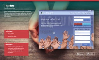 Tuttidare
Social Networking
Elinext developed a website for charitable organization
Tuttidare to bring together donors, volunteers, non-profit
organizations, businesses and merchants within online
environment.
Technologies:
—— Microsoft .NET
—— AJAX
—— Microsoft SQLServer
Functionality:
—— Tracking of activity, gifts and events
—— Searching for volunteer opportunities
—— Providing of donation processing
—— Reading blogs on donation trends and 		
volunteering
—— Webinars Case Study
Elinext.com
See
on the web
 