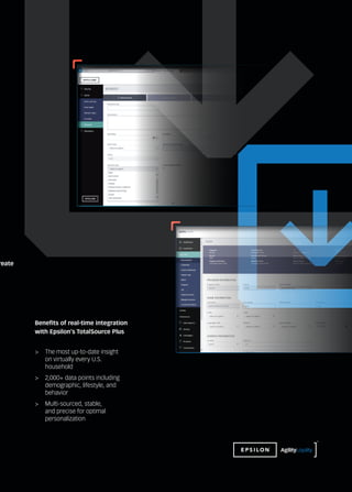 >	 The most up-to-date insight
on virtually every U.S.
household
>	 2,000+ data points including
demographic, lifestyle, and
behavior
>	 Multi-sourced, stable,
and precise for optimal
personalization
reate
Benefits of real-time integration
with Epsilon’s TotalSource Plus
™
 