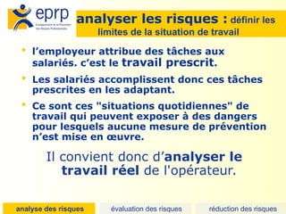 16
analyser les risques : définir les
limites de la situation de travail
 l’employeur attribue des tâches aux
salariés. c’est le travail prescrit.
 Les salariés accomplissent donc ces tâches
prescrites en les adaptant.
 Ce sont ces "situations quotidiennes" de
travail qui peuvent exposer à des dangers
pour lesquels aucune mesure de prévention
n’est mise en œuvre.
Il convient donc d’analyser le
travail réel de l'opérateur.
analyse des risques évaluation des risques réduction des risques
 