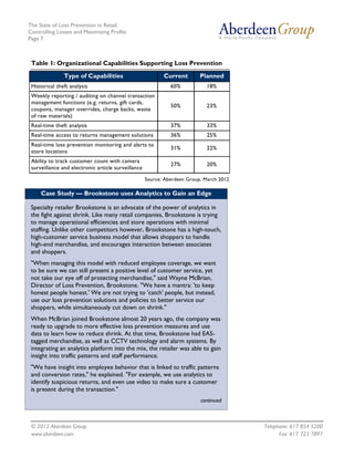The State of Loss Prevention in Retail:
Controlling Losses and Maximizing Profits
Page 7



 Table 1: Organizational Capabilities Supporting Loss Prevention

               Type of Capabilities                        Current        Planned
 Historical theft analysis                                    60%            18%
 Weekly reporting / auditing on channel transaction
 management functions (e.g. returns, gift cards,
                                                              50%            23%
 coupons, manager overrides, charge backs, waste
 of raw materials)
 Real-time theft analysis                                     37%            33%
 Real-time access to returns management solutions             36%            25%
 Real-time loss prevention monitoring and alerts to
                                                              31%            22%
 store locations
 Ability to track customer count with camera
                                                              27%            20%
 surveillance and electronic article surveillance
                                                    Source: Aberdeen Group, March 2012

     Case Study — Brookstone uses Analytics to Gain an Edge

 Specialty retailer Brookstone is an advocate of the power of analytics in
 the fight against shrink. Like many retail companies, Brookstone is trying
 to manage operational efficiencies and store operations with minimal
 staffing. Unlike other competitors however, Brookstone has a high-touch,
 high-customer service business model that allows shoppers to handle
 high-end merchandise, and encourages interaction between associates
 and shoppers.
 "When managing this model with reduced employee coverage, we want
 to be sure we can still present a positive level of customer service, yet
 not take our eye off of protecting merchandise," said Wayne McBrian,
 Director of Loss Prevention, Brookstone. "We have a mantra: 'to keep
 honest people honest.' We are not trying to 'catch' people, but instead,
 use our loss prevention solutions and policies to better service our
 shoppers, while simultaneously cut down on shrink."
 When McBrian joined Brookstone almost 20 years ago, the company was
 ready to upgrade to more effective loss prevention measures and use
 data to learn how to reduce shrink. At that time, Brookstone had EAS-
 tagged merchandise, as well as CCTV technology and alarm systems. By
 integrating an analytics platform into the mix, the retailer was able to gain
 insight into traffic patterns and staff performance.
 "We have insight into employee behavior that is linked to traffic patterns
 and conversion rates," he explained. "For example, we use analytics to
 identify suspicious returns, and even use video to make sure a customer
 is present during the transaction."
                                                                          continued



 © 2012 Aberdeen Group.                                                                  Telephone: 617 854 5200
 www.aberdeen.com                                                                              Fax: 617 723 7897
 