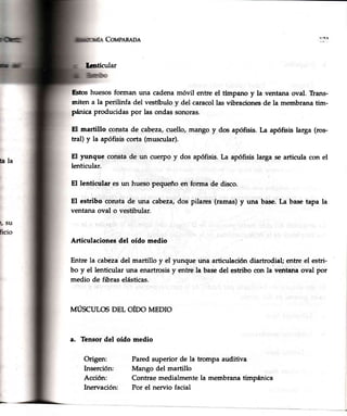 Corupeneo^r
Lrntícular
Estoshuesosforman una cadenamóvil entre el tlmpano y la ventana oval. TLans-
miten a la perilinfa del vestíbulo y del caracollas vibracionesde la membrana tim-
pánica producidas por las ondas sonoras.
El.martillo consta de cabeza,cuello, mango y dos apófisis. La apófisis larga (ros-
tral) y la apófisis corta (muscular).
El ¡rnque consta de un cuerpo y dos apófisis. La apófisis larga se articula con el
lenticular.
El lenticular es un hueso pequeño en forma de disco.
El estribo consta de una cabeza,dos pilares (ramas) y una base.La base tapa la
ventana oval o vestibular.
Articulaciones del oído medio
Entre la cabezadel martillo y el yunque una articulación diartrodial; entre el estri-
bo y el lenticular una enartrosisy entre la basedel estrilo con la ventana oval por
medio de fibras elásticas.
mlscuros DELofDoMEDro
a. Tensordel oído medio
n ¡'!f
Origen:
Inserción:
Acción:
Inen¡ación:
Pared superior de la trompa auditiva
Mango del martillo
Contrae medialmente la membrana timpánica
Por el nervio facial
 