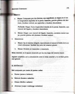 A¡¡rroufn CouPnneon t7j
(bcntos
a. Mayor Compuestopor dosláminas,unasuperticiel,seoriginaenel sur
coongitudinaizquierdode la panza.tnserciónrporciónpilórica del abo
maso,duodenovertical,asasigmoideay duodenodescendente.
Profunda: Origen:Surcolongitudinal derectrode la pana.lnserción, cara
visceraldel hígadoy duodenodescendente.
b. Menon Origen: cara visceraldel hfgado.Inserción,curwaturamenor cua-
jar, porción pilórica del abomaso,duodenovertical.
2. Mesenterios:
a. Mayon fiia el intestinodelgado,especialmenteel yeyuno el techode la ca-
vidad abdominal.Tambiénfija partedel intestinogrueso.
b. Menon Dividido en mesocolony mesor¡ecto.
Boleaomental, esel espacioencerradopor lasdos hoiasdel omentomayor.
Aguiero epiploico,esla comunicaciónentrela bolsaomentaly la cavidadperito-
nealgeneral.
ELESTÓMAGO
Estácompuestopor cuatro(4)partesa sahr:
Rumen(panzao herbario)
Rlttculo (boneteo redecilla)
Omaso(librillo o salterio)
Abomaso(cuajaro estómagoverdadero)
a.
b.
c.
d.
 