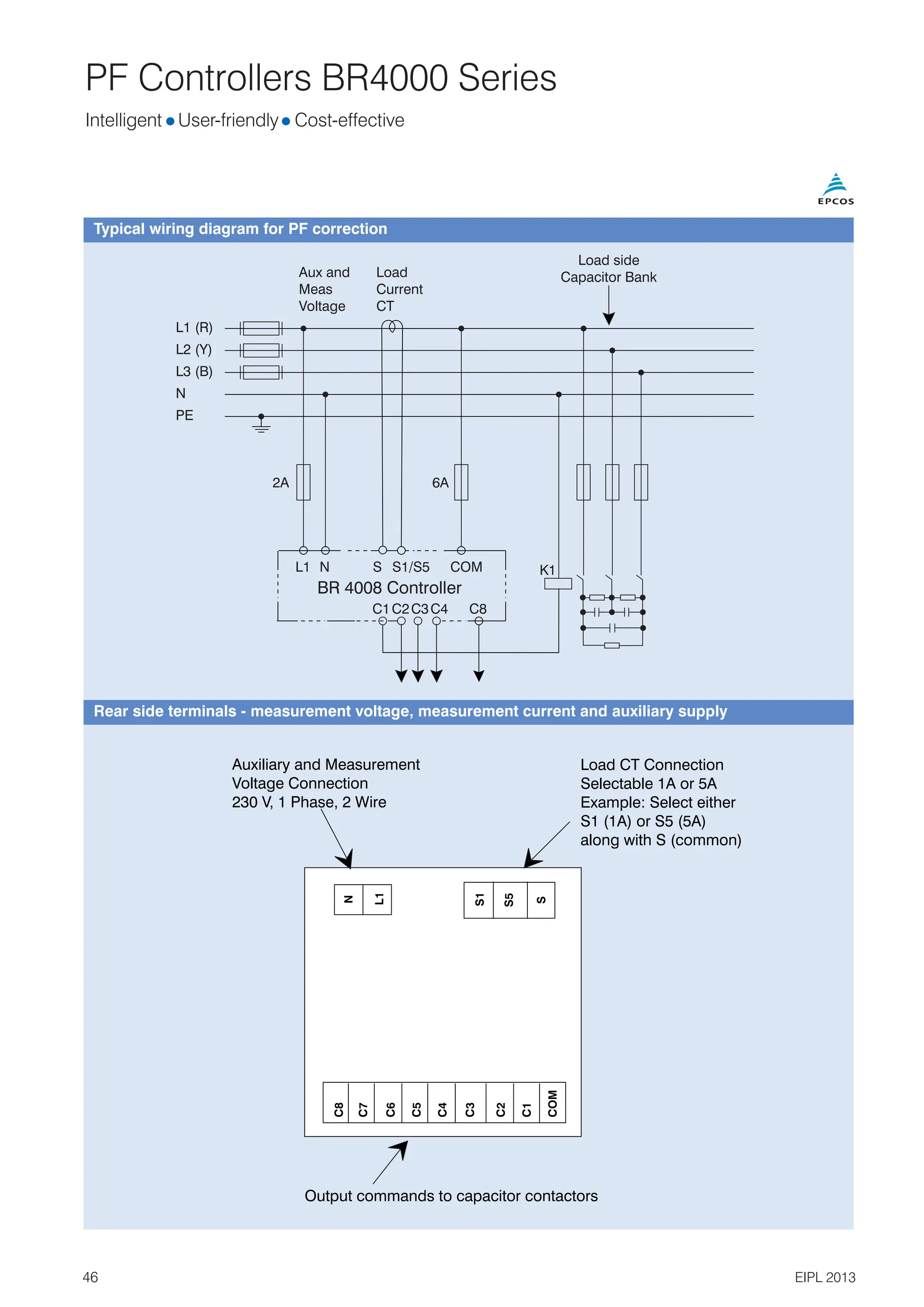PF Controllers BR4000 Series
N
C8
C7
C6
C5
C4
C3
C2
C1
COM
L1
S1
S5
S
Output commands to capacitor contactors
Auxiliary and Measurement
Voltage Connection
230 V, 1 Phase, 2 Wire
Load CT Connection
Selectable 1A or 5A
Example: Select either
S1 (1A) or S5 (5A)
along with S (common)
Typical wiring diagram for PF correction
Rear side terminals - measurement voltage, measurement current and auxiliary supply
Load side
Capacitor Bank
Aux and
Meas
Voltage
L1 (R)
L2 (Y)
L3 (B)
N
L1 N
C1C2C3C4 C8
K1
S S1/S5 COM
BR 4008 Controller
2A 6A
PE
Load
Current
CT
46 EIPL 2013
Intelligent l l
User-friendly Cost-effective
 