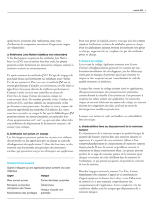 Logiciel IBM   9




applications sécurisées plus rapidement, deux types                Pour tout projet de logiciel, assurez-vous que tous les contrats
d’utilisation de composants entraînent d’importants risques        stipulent l’utilisation exclusive de méthodes prises en charge.
de vulnérabilité :                                                 Pour les applications existent, trouvez les méthodes non prises
                                                                   en charge, supprimez-les et remplacez-les par des méthodes
a. Méthodes Java Native Interface non sécurisées                   prises en charge.
Si les développeurs emploient des méthodes Java Native
Interface (JNI) non sécurisées dans leur code, les pirates         5. Erreurs de codage
peuvent accéder facilement aux ressources critiques, comme la      Les erreurs de codage, également connues sous le nom
mémoire système ou environnement.                                  d’erreurs d’implémentation, peuvent être causées par une
                                                                   formation insuffisante des développeurs, par des délais trop
En quoi consistent les méthodes JNI ? Il s’agit de langages de     serrés, par un manque de priorités en ce qui concerne les
plus haut niveau qui fournissent des interfaces pour vériﬁer       exigences liées au projet ou par la réutilisation de code de
l’accès aux ressources. Par contraste, la méthode JNI est un       qualité inconnue ou médiocre.
moyen plus basique d’accéder à ces ressources, car elle évite ce
type d’interfaces pour obtenir de meilleures performances.         Lorsque des erreurs de codage existent dans les applications,
Comme le code est écrit sans contrôles au niveau de                elles peuvent provoquer des comportements inattendus,
l’interface, le risque d’erreur de mauvais codage est              comme donner le contrôle d’un système ou d’un processus à
extrêmement élevé. De manière générale, évitez d’utiliser des      un pirate ou même arrêter une application. En raison des
méthodes JNI, sauf dans certains cas exceptionnels où les          risques de sécurité inhérents aux erreurs de codage, ces erreurs
performances sont prioritaires. Localisez et testez toujours de    doivent être supprimées du code, qu’il soit en cours de
manière approfondie les méthodes JNI utilisées. En outre,          développement ou déjà en production.
vous devez prendre en compte le fait que les bibliothèques JNI
peuvent contenir des erreurs intégrées, en particulier lors        Lorsque vous évaluez le code, recherchez ces vulnérabilités
d’une programmation en C ou C++, qui sont plus vulnérables         liées au codage :
aux problèmes de dépassement de la mémoire tampon et de
concurrence critique.                                              a. Vulnérabilités liées au dépassement de la mémoire
                                                                   tampon
b. Méthodes non prises en charge                                   Un dépassement de la mémoire tampon se produit lorsque la
Les développeurs prennent parfois des raccourcis et utilisent      quantité de données copiées dans une mémoire tampon est
des méthodes ou des appels non pris en charge au cours du          supérieure à la capacité de cette mémoire. Même si l’on
développement des applications. Utiliser des fonctions ou des      comprend parfaitement les dépassements de mémoire tampon
routines non documentés peut produire des insécurités              depuis plus de 20 ans, ils restent un problème courant et
cachées, qui permettent aux pirates d’attaquer une application.    entraînent un risque extrêmement élevé. Les pirates peuvent
                                                                   proﬁter de ce type de mauvaise gestion de la mémoire pour
                                                                   charger et exécuter du code défaillant dans la mémoire de
                                                                   l’ordinateur, ce qui permet aux pirates de prendre le contrôle
Comportement suspect
                                                                   de tout le système;
Signes indiquant qu’une application peut contenir du code
malicieux                                                          Dans les langages structurés, comme C et C++, il existe
Signe                           Indique                            littéralement des centaines d’appels et de combinaisons
                                                                   d’appels qui peuvent donner lieu à des erreurs d’allocation
Raw socket access               Portes dérobées possibles
                                                                   de mémoire et à une mauvaise compréhension des
Minuterie ou fonction           Déclencheur                        comportements de l’application. Cette complexité crée des
d’obtention de l’heure                                             conditions idéales pour les attaques par dépassement de la
                                Niveaux d’accès non
Modiﬁcations des privilèges     autorisés                          mémoire tampon.
 