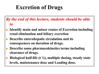Excretion of Drugs
By the end of this lecture, students should be able
to
 Identify main and minor routes of Excretion including
renal elimination and biliary excretion
 Describe enterohepatic circulation and its
consequences on duration of drugs.
 Describe some pharmacokinetics terms including
clearance of drugs.
 Biological half-life (t ½), multiple dosing, steady state
levels, maintenance dose and Loading dose.
 