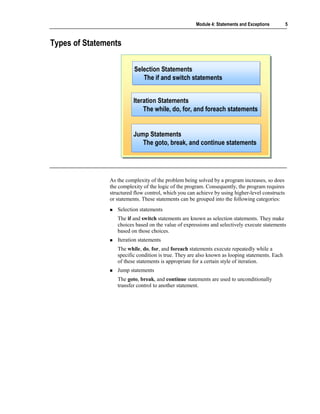 Module 4: Statements and Exceptions         5



Types of Statements

                          Selection Statements
                          Selection Statements
                             The if and switch statements
                              The if and switch statements


                         Iteration Statements
                         Iteration Statements
                             The while, do, for, and foreach statements
                             The while, do, for, and foreach statements


                         Jump Statements
                         Jump Statements
                            The goto, break, and continue statements
                            The goto, break, and continue statements




               As the complexity of the problem being solved by a program increases, so does
               the complexity of the logic of the program. Consequently, the program requires
               structured flow control, which you can achieve by using higher-level constructs
               or statements. These statements can be grouped into the following categories:
                  Selection statements
                  The if and switch statements are known as selection statements. They make
                  choices based on the value of expressions and selectively execute statements
                  based on those choices.
                  Iteration statements
                  The while, do, for, and foreach statements execute repeatedly while a
                  specific condition is true. They are also known as looping statements. Each
                  of these statements is appropriate for a certain style of iteration.
                  Jump statements
                  The goto, break, and continue statements are used to unconditionally
                  transfer control to another statement.
 