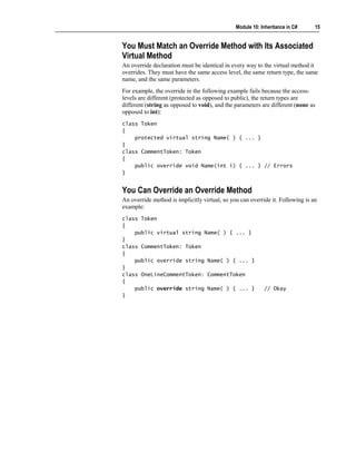 Module 10: Inheritance in C#     15


You Must Match an Override Method with Its Associated
Virtual Method
An override declaration must be identical in every way to the virtual method it
overrides. They must have the same access level, the same return type, the same
name, and the same parameters.
For example, the override in the following example fails because the access-
levels are different (protected as opposed to public), the return types are
different (string as opposed to void), and the parameters are different (none as
opposed to int):
class Token
{
    protected virtual string Name( ) { ... }
}
class CommentToken: Token
{
    public override void Name(int i) { ... } // Errors
}


You Can Override an Override Method
An override method is implicitly virtual, so you can override it. Following is an
example:
class Token
{
    public virtual string Name( ) { ... }
}
class CommentToken: Token
{
    public override string Name( ) { ... }
}
class OneLineCommentToken: CommentToken
{
    public override string Name( ) { ... }                 // Okay
}
 