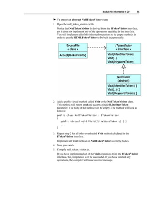 Module 10: Inheritance in C#    55


   To create an abstract NullTokenVisitor class
1. Open the null_token_visitor.cs file.
   Notice that NullTokenVisitor is derived from the ITokenVisitor interface,
   yet it does not implement any of the operations specified in the interface.
   You will implement all of the inherited operations to be empty methods in
   order to enable HTMLTokenVisitor to be built incrementally.




2. Add a public virtual method called Visit to the NullTokenVisitor class.
   This method will return void and accept a single ILineStartToken
   parameter. The body of the method will be empty. The method will look as
   follows:
   public class NullTokenVisitor : ITokenVisitor
   {
      public virtual void Visit(ILineStartToken t) { }
      ...
   }

3. Repeat step 2 for all other overloaded Visit methods declared in the
   ITokenVisitor interface.
   Implement all Visit methods in NullTokenVisitor as empty bodies.
4. Save your work.
5. Compile null_token_visitor.cs.
   If you have implemented all of the Visit operations from the ITokenVisitor
   interface, the compilation will be successful. If you have omitted any
   operations, the compiler will issue an error message.
 