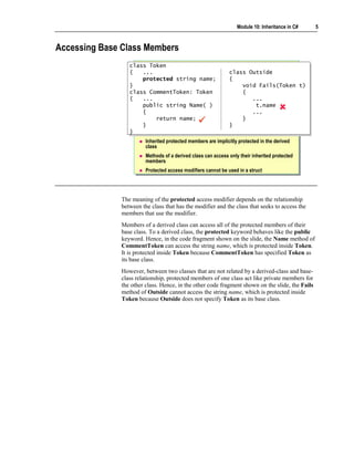 Module 10: Inheritance in C#   5



Accessing Base Class Members
                 class Token
                  class Token
                 {{  ...
                      ...                                     class Outside
                                                               class Outside
                     protected string name;
                      protected string name;                  {{
                 }}                                                void Fails(Token t)
                                                                   void Fails(Token t)
                 class CommentToken: Token
                  class CommentToken: Token                        {
                                                                   {
                 {{  ...
                      ...                                             ...
                                                                       ...
                     public string Name( )
                      public string Name( )                             t.name
                                                                        t.name
                     {{                                               ...
                                                                       ...
                          return name;
                          return name;                             }
                                                                   }
                     }}                                       }}
                 }}
                        Inherited protected members are implicitly protected in the derived
                        class
                        Methods of a derived class can access only their inherited protected
                        members
                        Protected access modifiers cannot be used in a struct




              The meaning of the protected access modifier depends on the relationship
              between the class that has the modifier and the class that seeks to access the
              members that use the modifier.
              Members of a derived class can access all of the protected members of their
              base class. To a derived class, the protected keyword behaves like the public
              keyword. Hence, in the code fragment shown on the slide, the Name method of
              CommentToken can access the string name, which is protected inside Token.
              It is protected inside Token because CommentToken has specified Token as
              its base class.
              However, between two classes that are not related by a derived-class and base-
              class relationship, protected members of one class act like private members for
              the other class. Hence, in the other code fragment shown on the slide, the Fails
              method of Outside cannot access the string name, which is protected inside
              Token because Outside does not specify Token as its base class.
 