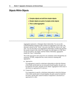 12   Module 11: Aggregation, Namespaces, and Advanced Scope



Objects Within Objects


                                  Complex objects are built from simpler objects
                                  Simpler objects are parts of complex whole objects
                                  This is called aggregation

                                   Whole
                                   Whole                            Car
                                                                    Car



                                                      1             1                 4
                                    Part
                                    Part            Chassis
                                                    Chassis        Engine
                                                                   Engine         Wheel
                                                                                  Wheel




                       Aggregation represents a whole/part object relationship. You can see the
                       Unified Modeling Language (UML) notation for aggregation in the slide. The
                       diamond is placed on the “whole” class and a line links the whole to the “part”
                       class. You can also place on an aggregation relationship a number that specifies
                       the number of parts in the whole. For example, the slide depicts in UML that a
                       car has one chassis, one engine, and four wheels. Informally, aggregation
                       models the “has-a” relationship.
                       The words aggregation and composition are sometimes used as though they are
                       synonyms. In UML, composition has a more restrictive meaning than
                       aggregation:
                          Aggregation
                          Use aggregation to specify a whole/part relationship in which the lifetimes
                          of the whole and the parts are not necessarily bound together, the parts can
                          be traded for new parts, and parts can be shared. Aggregation in this sense is
                          also known as aggregation by reference.
                          Composition
                          Use composition to specify a whole/part relationship in which the lifetimes
                          of the whole and the parts is bound together, the parts cannot be traded for
                          new parts, and the parts cannot be shared. Composition is also known as
                          aggregation by value.
 