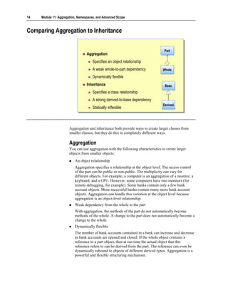 14   Module 11: Aggregation, Namespaces, and Advanced Scope



Comparing Aggregation to Inheritance


                                                                                    Part
                                                                                    Part
                                  Aggregation
                                      Specifies an object relationship
                                      A weak whole-to-part dependency              Whole
                                                                                   Whole
                                      Dynamically flexible
                                  Inheritance                                       Base
                                                                                    Base
                                      Specifies a class relationship
                                      A strong derived-to-base dependency
                                                                                   Derived
                                                                                   Derived
                                      Statically inflexible



                       Aggregation and inheritance both provide ways to create larger classes from
                       smaller classes, but they do this in completely different ways.

                       Aggregation
                       You can use aggregation with the following characteristics to create larger
                       objects from smaller objects:
                          An object relationship
                          Aggregation specifies a relationship at the object level. The access control
                          of the part can be public or non-public. The multiplicity can vary for
                          different objects. For example, a computer is an aggregation of a monitor, a
                          keyboard, and a CPU. However, some computers have two monitors (for
                          remote debugging, for example). Some banks contain only a few bank
                          account objects. More successful banks contain many more bank account
                          objects. Aggregation can handle this variation at the object level because
                          aggregation is an object-level relationship.
                          Weak dependency from the whole to the part
                          With aggregation, the methods of the part do not automatically become
                          methods of the whole. A change to the part does not automatically become a
                          change to the whole.
                          Dynamically flexible
                          The number of bank accounts contained in a bank can increase and decrease
                          as bank accounts are opened and closed. If the whole object contains a
                          reference to a part object, then at run time the actual object that this
                          reference refers to can be derived from the part. The reference can even be
                          dynamically rebound to objects of different derived types. Aggregation is a
                          powerful and flexible structuring mechanism.
 