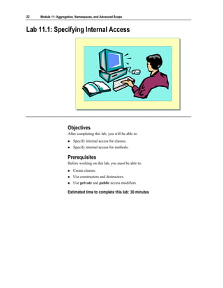 22   Module 11: Aggregation, Namespaces, and Advanced Scope



Lab 11.1: Specifying Internal Access




                       Objectives
                       After completing this lab, you will be able to:
                          Specify internal access for classes.
                          Specify internal access for methods.

                       Prerequisites
                       Before working on this lab, you must be able to:
                          Create classes.
                          Use constructors and destructors.
                          Use private and public access modifiers.

                       Estimated time to complete this lab: 30 minutes
 