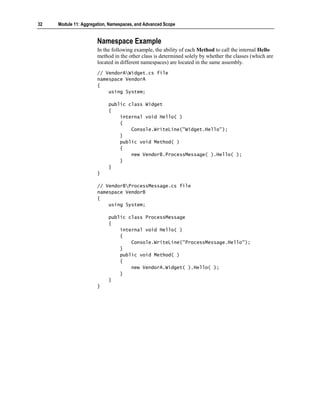 32   Module 11: Aggregation, Namespaces, and Advanced Scope


                       Namespace Example
                       In the following example, the ability of each Method to call the internal Hello
                       method in the other class is determined solely by whether the classes (which are
                       located in different namespaces) are located in the same assembly.
                       // VendorAWidget.cs file
                       namespace VendorA
                       {
                           using System;

                            public class Widget
                            {
                                internal void Hello( )
                                {
                                    Console.WriteLine("Widget.Hello");
                                }
                                public void Method( )
                                {
                                    new VendorB.ProcessMessage( ).Hello( );
                                }
                            }
                       }

                       // VendorBProcessMessage.cs file
                       namespace VendorB
                       {
                           using System;

                            public class ProcessMessage
                            {
                                internal void Hello( )
                                {
                                    Console.WriteLine("ProcessMessage.Hello");
                                }
                                public void Method( )
                                {
                                    new VendorA.Widget( ).Hello( );
                                }
                            }
                       }
 
