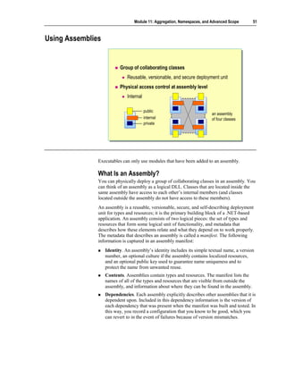 Module 11: Aggregation, Namespaces, and Advanced Scope        51



Using Assemblies


                          Group of collaborating classes
                              Reusable, versionable, and secure deployment unit
                          Physical access control at assembly level
                              Internal

                                         public
                                                                         an assembly
                                         internal                        of four classes
                                         private




               Executables can only use modules that have been added to an assembly.

               What Is an Assembly?
               You can physically deploy a group of collaborating classes in an assembly. You
               can think of an assembly as a logical DLL. Classes that are located inside the
               same assembly have access to each other’s internal members (and classes
               located outside the assembly do not have access to these members).
               An assembly is a reusable, versionable, secure, and self-describing deployment
               unit for types and resources; it is the primary building block of a .NET-based
               application. An assembly consists of two logical pieces: the set of types and
               resources that form some logical unit of functionality, and metadata that
               describes how these elements relate and what they depend on to work properly.
               The metadata that describes an assembly is called a manifest. The following
               information is captured in an assembly manifest:
                   Identity. An assembly’s identity includes its simple textual name, a version
                   number, an optional culture if the assembly contains localized resources,
                   and an optional public key used to guarantee name uniqueness and to
                   protect the name from unwanted reuse.
                   Contents. Assemblies contain types and resources. The manifest lists the
                   names of all of the types and resources that are visible from outside the
                   assembly, and information about where they can be found in the assembly.
                   Dependencies. Each assembly explicitly describes other assemblies that it is
                   dependent upon. Included in this dependency information is the version of
                   each dependency that was present when the manifest was built and tested. In
                   this way, you record a configuration that you know to be good, which you
                   can revert to in the event of failures because of version mismatches.
 
