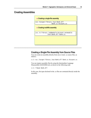 Module 11: Aggregation, Namespaces, and Advanced Scope             53



Creating Assemblies

                           Creating a single-file assembly

                      csc /target:library /out:Bank.dll
                      csc /target:library /out:Bank.dll
                                         Bank.cs Account.cs
                                         Bank.cs Account.cs

                           Creating multifile assembly

                      csc /t:library /addmodule:Account.netmodule
                      csc /t:library /addmodule:Account.netmodule
                                    /out:Bank.dll Bank.cs
                                    /out:Bank.dll Bank.cs




               Creating a Single-File Assembly from Source Files
               You can create an assembly directly from one or more .cs source files, as
               follows:
               c:/> csc /target:library /out:Bank.dll Bank.cs Account.cs

               You can inspect assembly files by using the Intermediate Language
               Disassembler (ILDASM) tool, as shown in the following code:
               c:/> ildasm Bank.dll

               In this case, the types declared in the .cs files are contained directly inside the
               assembly.
 