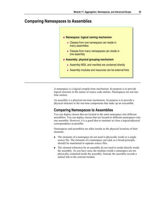 Module 11: Aggregation, Namespaces, and Advanced Scope          55



Comparing Namespaces to Assemblies


                         Namespace: logical naming mechanism
                            Classes from one namespace can reside in
                            many assemblies
                            Classes from many namespaces can reside in
                            one assembly
                         Assembly: physical grouping mechanism
                            Assembly MSIL and manifest are contained directly
                            Assembly modules and resources can be external links




              A namespace is a logical compile-time mechanism. Its purpose is to provide
              logical structure to the names of source code entities. Namespaces are not run-
              time entities.
              An assembly is a physical run-time mechanism. Its purpose is to provide a
              physical structure to the run-time components that make up an executable.

              Comparing Namespaces to Assemblies
              You can deploy classes that are located in the same namespace into different
              assemblies. You can deploy classes that are located in different namespaces into
              one assembly. However, it is a good idea to maintain as close a logical-physical
              correspondence as possible.
              Namespaces and assemblies are alike insofar as the physical locations of their
              elements:
                 The elements of a namespace do not need to physically reside in a single
                 source file. The elements of a namespace can (and, as a broad principle,
                 should) be maintained in separate source files.
                 The element references by an assembly do not need to reside directly inside
                 the assembly. As you have seen, the modules inside a namespace are not
                 physically contained inside the assembly. Instead, the assembly records a
                 named link to the external module.
 
