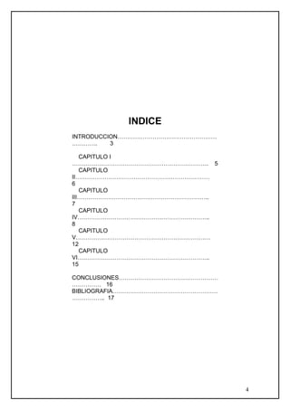 INDICE
INTRODUCCION……………………………………………
…………. 3
CAPITULO I
……………………………………………………………. 5
CAPITULO
II……………………………………………………………
6
CAPITULO
III…………………………………………………………..
7
CAPITULO
IV…………………………………………………………..
8
CAPITULO
V……………………………………………………………
12
CAPITULO
VI…………………………………………………………..
15
CONCLUSIONES……………………………………………
…………… 16
BIBLIOGRAFIA………………………………………………
…………….. 17
4
 