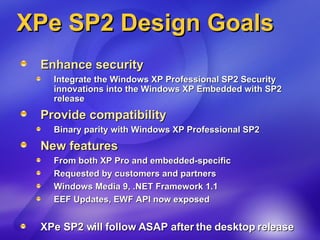 XPe SP2 Design Goals Enhance security Integrate the Windows XP Professional SP2 Security innovations into the Windows XP Embedded with SP2 release Provide compatibility Binary parity with Windows XP Professional SP2 New features From both XP Pro and embedded-specific Requested by customers and partners Windows Media 9, .NET Framework 1.1 EEF Updates, EWF API now exposed XPe SP2 will follow ASAP after the desktop release 