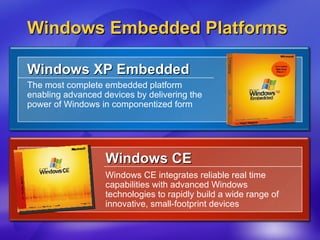Windows Embedded Platforms Windows XP Embedded The most complete embedded platform enabling advanced devices by delivering the power of Windows in componentized form Windows CE  Windows CE integrates reliable real time capabilities with advanced Windows technologies to rapidly build a wide range of innovative, small-footprint devices 