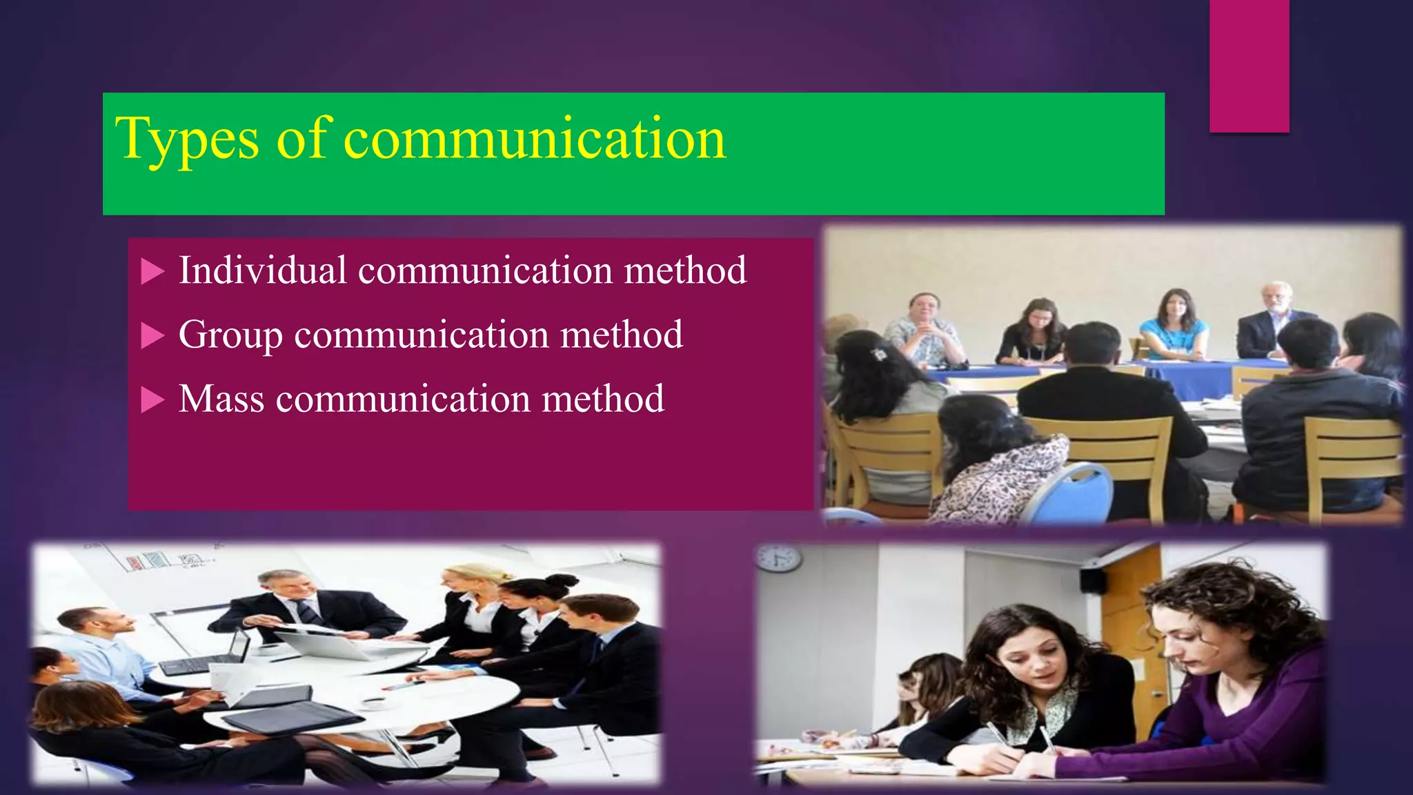 Types of communication
 Individual communication method
 Group communication method
 Mass communication method
 