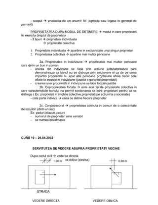 - scopul  productia de un anumit fel (agricola sau legata in general de
pamant)
PROPRIETATEA DUPA MODUL DE DETINERE  modul in care proprietarii
isi exercita dreptul de proprietate
- 2 tipuri  proprietate individuala
 proprietate colectiva
1. Proprietate individuala  apartine in exclusivitate unui singur proprietar
2. Proprietatea colectiva  apartine mai multor persoane
2a. Proprietatea in indiviziune  proprietatile mai multor persoane
care detin un bun in comun
- iesirea din indiviziune se face prin actiune judecatoreasca care
demonstreaza ca bunul nu se distruge prin sectionare si ca de pe urma
impartirii proprietatii nu apar alte persoane proprietare altele decat cele
aflate la inceput in indiviziune (justitia e garantul proprietatii)
- crearea unei proprietati in indiviziune se face tot prin justitie
2b. Coproprietatea fortata  este acel tip de proprietate colectiva in
care caracteristicile bunului nu permit sectionarea sa intre proprietari pentru ca se
distruge ( Ex: proprietati in imobile colective,proprietati pe actiuni la o societate)
- cota parte indiviza  ceea ce detine fiecare proprietar
2c. Conposesorat  proprietatea obtinuta in comun de o colectivitate
de locuitori (dintr-un sat)
Ex: paduri,islazuri,pasuni
- numarul de proprietari este variabil
- se numea devalmasie
CURS 10 – 26.04.2002
SERVITUTEA DE VEDERE ASUPRA PROPRIETATII VECINE
Dupa codul civil  vederea directa
 vederea oblica (piezisa) 0.60 m
VEDERE OBLICAVEDERE DIRECTA
STRADA
1.90 m
 