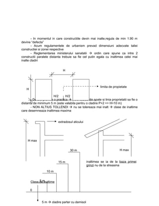- In momentul in care constructiile devin mai inalte,regula de min 1.90 m
devine “defecta”
- Acum regulamentele de urbanism prevad dimensiuni adecvate taliei
constructiei si zonei respective
- Reglementarea ministerului sanatatii  ordin care spune ca intre 2
constructii paralele distanta trebuie sa fie cel putin egala cu inaltimea celei mai
inalte cladiri
- De aici provine o practica  intre fatada din spate si linia proprietatii sa fie o
distanta de minimum 5 m (este valabila pentru o cladire P+2 => H=10 m)
- NON ALTIUS TOLLENDI  nu se tolereaza mai inalt  clase de inaltime
care desemneaza inaltimea maxima
Clase de inaltime
H
H/2 H/2
H
limita de propietate
H max
extradosul aticului
H max
inaltimea se ia de la baza primei
grinzi nu de la streasina
5 m
10 m
15 m
30 m
0
5 m  cladire parter cu demisol
 