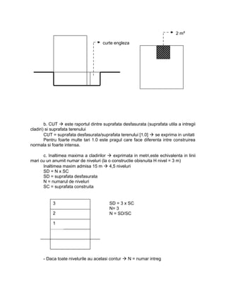 b. CUT  este raportul dintre suprafata desfasurata (suprafata utila a intregii
cladiri) si suprafata terenului
CUT = suprafata desfasurata/suprafata terenului [1.0]  se exprima in unitati
Pentru foarte multe tari 1.0 este pragul care face diferenta intre construirea
normala si foarte intensa.
c. Inaltimea maxima a cladirilor  exprimata in metri,este echivalenta in linii
mari cu un anumit numar de niveluri (la o constructie obisnuita H nivel = 3 m)
Inaltimea maxim admisa 15 m  4,5 niveluri
SD = N x SC
SD = suprafata desfasurata
N = numarul de niveluri
SC = suprafata construita
- Daca toate nivelurile au acelasi contur  N = numar intreg
curte engleza
2 m²
1
2
3 SD = 3 x SC
N= 3
N = SD/SC
 