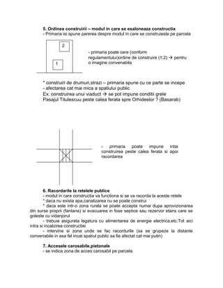 5. Ordinea construirii – modul in care se esaloneaza constructia
- Primaria isi spune parerea despre modul in care se construieste pe parcela
* construiri de drumuri,strazi – primaria spune cu ce parte se incepe
- afectarea cat mai mica a spatiului public
Ex: construirea unui viaduct  se pot impune conditii grele
Pasajul Titulescuu peste calea ferata spre Orhideelor ? (Basarab)
6. Racordarile la retelele publice
- modul in care constructia va functiona si se va racorda la aceste retele
* daca nu exista apa,canalizarea nu se poate construi
* daca este intr-o zona rurala se poate accepta numai dupa aprovizionarea
din surse proprii (fantana) si evacuarea in fose septice sau rezervor etans care se
goleste cu vidanjorul
- trebuie asigurata legatura cu alimentarea de energie electrica,etc.Tot aici
intra si incalzirea constructiei
- intervine si zona unde se fac racordurile (sa se grupeze la distante
convenabile in asa fel incat spatiul public sa fie afectat cat mai putin)
7. Accesele carosabile,pietonale
- se indica zona de acces carosabil pe parcela
1
- primaria poate cere (conform
regulamentului)ordine de construire (1;2)  pentru
o imagine convenabila
2
- primaria poate impune intai
construirea peste calea ferata si apoi
racordarea
 