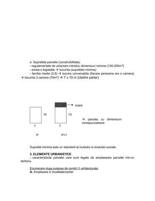 e. Suprafata parcelei (construibilitate)
- regulamentele de urbanism introduc dimensiuni minime (150-200m²)
- exista o legislatie  locuinta (suprafata minima)
- familia medie (2.8)  locuire convenabila (fiecare persoana are o camera)
 locuinta 3 camere (70m²)  7 x 10 m (cladire parter)
Suprafat minima este un standard al nivelului si evolutiei sociale.
3. ELEMENTE URBANISTICE
- caracteristicile parcelei care sunt legate de amplasarea parcelei intr-un
teritoriu.
Enumerare dupa puterea de condit. arhitecturala:
A. Amplasare in localitate/cartier
13
7
10
7
P
scara
P+1
 parcela cu dimensiuni
corespunzatoare
 