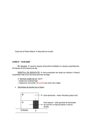 Cazul de la Piatra Neamt  blocurile se inunda
CURS 9 – 19.04.2002
VI. Servituti  sarcina asupra terenurilor,imobilelor,nu asupra proprietarului.
El trebuie sa tina seama de ele.
DREPTUL DE SERVITUTE  orice proprietar are drept sa instituie in folosul
proprietatii sale orice servitute permisa de lege.
2. Servituti create de om pot fi :
- create prin puterea legii
- create prin conventie (in ecartul pe care-l da o lege)
• Servitutea de trecere pe un teren
fond aservit – este generat de servitutea
pe care B i-o impune pentru a iesi la
strada
B
STRADA
A
fond dominant – teren infundat (codul civil)
 