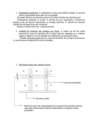 • Exploatarile subterane  exploatarea se face prin diferite metode  servituti
pentru proprietatea terenurilor de la suprafata.
- Se poate interzice construirea (cand sunt cariere inchise sau deschise,etc)
- Exploatarea petrolului  sonde  puncte de lucru repartizate in teritoriu;se
ajunge la ele pe drumuri (alimentare cu energie electrica)  petrolul se intoarce
(extras) tot pe acest drum prin conducte.
- Exista un foarte mare risc : explozii,poluare.
• Instalatii de transport ale energiei sau fluide  sistem de linii de inalta
tensiune.Au zona de servitute de-a lungul liniei.Se stabileste la o inaltime
egala cu stalpii (1.5 m) la dreapta si la stanga.Nu se pot planta arbori.
- fluidele (apa,petrol,gaze,etc) au zona de protectie de-a lungul conductei,sa
nu se provoace accidente.Sunt zone menajate.
• Servitutea zidului sau santului comun
C D E
B A F
Limita de proprietate
Domeniu public
Banda de teren de coproprietate de-a lungul limitei parcelei.Latimea
este este detreminata de latimea elementelor ce despart aceste
proprietati.
 
