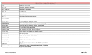 MSM-1 Management System Manual
SQP-7.5.3
Determination of Requirements
SQP-4.3.2 Human Resources
SQP-4.4.3 Control of Documents
SQP 5.10
Dispatcher Procedures
Coiled Tubing Lift Frame Installation and Operations Procedure
Bass system work order
NCR Report
PHSE-14-P01
DVN-SHO-SOP-05
DVN-SHO-FRM-12 Hydrostatic Test Record
DVN-ADM-FRM-18
SQP-5.1, MSM-7.2.2
Identification, Traceability, Product Status
This document is in addition to the job specific drawing package, it is located at
the end of the drawing package
Lift Frame Disassembly / Reassembly Procedure
Control of Non Conforming Products / Services
BHP Lifting Operation Procedure (Petroleum CSG HSEC Management System
Procedure)
Lift Frame Function Testing and Maintenance Procedure -includes Swing Arm -
(DVN-DLF-FMP-02)
Coiled Tubing Lift Frame Maintenance, Inspection, and Repair (MIR)
REFERENCED PROCEDURES / DOCUMENTS
Surface Test Tree Hydrostatic Testing Procedure
DVN-CLF-IOP-01
COM-OPE-SOP-33
DVN-CLF-MIR-03
DVN-HPU-MIR-02
DALF Maintenance and Function Test (DVN-DLF-MIR-03)
DVN-BAS-MIR-03
COM-SHO-FRM-60
Lift Frame Stabilizer Work Order and Router
Hydraulic Power Unit Work Order and Router
COM-ADM-SOP-07
DVN -CLF-MIP-02
Final Document Checklist
COM-SHO-FRM-15
Prepared by NOV/Devin Quality Group Page 16 of 17
 