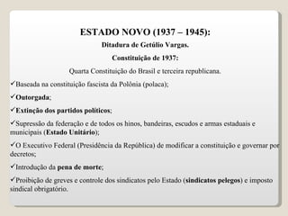 ESTADO NOVO (1937 – 1945): Ditadura de Getúlio Vargas. Constituição de 1937: Quarta Constituição do Brasil e terceira republicana. Baseada na constituição fascista da Polônia (polaca); Outorgada ; Extinção dos partidos políticos ; Supressão da federação e de todos os hinos, bandeiras, escudos e armas estaduais e municipais ( Estado Unitário ); O Executivo Federal (Presidência da República) de modificar a constituição e governar por decretos; Introdução da  pena de morte ; Proibição de greves e controle dos sindicatos pelo Estado ( sindicatos pelegos ) e imposto sindical obrigatório. 