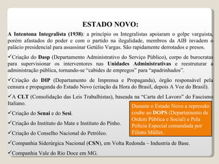 ESTADO NOVO: A Intentona Integralista (1938) : a princípio os Integralistas apoiaram o golpe varguista, porém afastados do poder e com o partido na ilegalidade, membros da AIB invadem o palácio presidencial para assassinar Getúlio Vargas. São rapidamente derrotados e presos. Criação do  Dasp  (Departamento Administrativo do Serviço Público), corpo de burocratas para supervisionar os interventores nas  Unidades Administrativas  e reestruturar a administração pública, tornando-se “cabides de empregos” para “apadrinhados”. Criação do  DIP  (Departamento de Imprensa e Propaganda), órgão responsável pela censura e propaganda do Estado Novo (criação da Hora do Brasil, depois A Voz do Brasil). A  CLT  (Consolidação das Leis Trabalhistas), baseada na “Carta del Lavoro” do Fascismo Italiano. Criação do  Senai  e do  Sesi . Criação do Instituto do Mate e Instituto do Pinho. Criação do Conselho Nacional do Petróleo. Companhia Siderúrgica Nacional ( CSN ), em Volta Redonda – Industria de Base. Companhia Vale do Rio Doce em MG. Durante o Estado Novo a repressão coube ao  DOPS  (Departamento de Ordem Pública e Social) e Pela Polícia Especial comandada por Filinto Müller. 