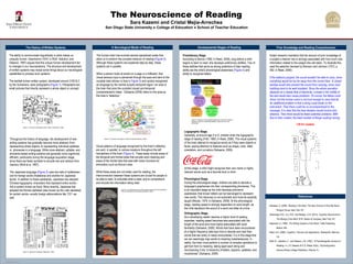 TEMPLATE DESIGN © 2007
www.PosterPresentations.com
The Neuroscience of Reading
Sara Kazemi and Cristal Mejia-Arrechea
San Diego State University ● College of Education ● School of Teacher Education
The History of Written Systems A Neurological Model of Reading
Visual patterns of language recognized by the brain’s letterbox
are sent, in parallel, to various locations throughout the left
hemisphere of the brain (Figure 4). These areas include areas of
the temporal and frontal lobes that encode word meaning and
areas of the frontal lobe that deal with motor functions for
articulation such as Broca’s area.
While these areas are not solely used for reading, the
interconnection between these systems are crucial for people to
be able to read, to articulate what is read, and to comprehend
and encode the information being read.
Figure 4. A temporal series of EEG images reveals the neural pathways
that are activated during reading (Dahaene, 2009).
Developmental Stages of Reading
Protoliteracy Stage.
According to Barron (1992; in Reed, 2006), long before a child
begins to learn to read, she develops preliminary abilities. Two of
these abilities that serve as strong predictors of later reading
ability are the child’s phonological awareness (Figure 5) and
ability to recognize letters.
Logographic Stage.
Generally, at around age 5 or 6, children enter the logographic
stage of reading (Frith, 1985; in Reed, 2006). The visual systems
of the brain attempt to recognize words as if they were objects or
faces, paying attention to features such as shape, color, letter
orientation, and curvature (Dahaene, 2009).
At this stage, a child might recognize their own name or highly
relevant words such as a favorite food or drink.
Phonological Stage.
During the phonological stage, children are able to decode a
language’s graphemes into their corresponding phonemes. This
is an important stage as the child develops phonemic
awareness--that known letters can be rearranged to represent
new words. This discovery is not automatic and must be explicitly
taught (Morais, 1979; in Dahaene, 2009). At the phonological
stage, reading speed is strongly dependent on word length, as
the child deciphers the sound of a word one letter at a time.
Orthographic Stage.
As a developing reader reaches a higher level of reading
expertise, reading speed becomes less associated with the
length of the word and more highly associated with word
familiarity (Dahaene, 2009). Words that have been encountered
at a higher frequency take less time to decode and read than
words that are rarely or newly encountered. It is in this stage that
we can seemingly map words to meaning instantaneously. In
reality, the brain must perform a number of complex operations to
get from form to meaning, taking apart each string and
recomposing it into “a hierarchy of letters, bigrams, syllables, and
morphemes” (Dahaene, 2009).
Prior Knowledge and Reading Comprehension
References
Extant research maintains that the amount of prior knowledge of
a subject a learner has is strongly associated with how much new
information related to the subject she will retain. To illustrate this,
read the selection devised by Branson and Johnson (1973, p.
392; in Reed, 2006):
If the balloons popped, the sound wouldn’t be able to carry, since
everything would be too far away from the correct floor. A closed
window would also prevent the sound from carrying, since most
buildings tend to be well insulated. Since the whole operation
depends on a steady flow of electricity, a break in the middle of
the wire would also cause problems. Of course, the fellow could
shout, but the human voice is not loud enough to carry that far.
An additional problem is that a string could break on the
instrument. Then there could be no accompaniment to the
message. It is clear that the best situation would involve less
distance. Then there would be fewer potential problems. With
face to face contact, the least number of things could go wrong.
Dehaene, S. (2009). Reading in the Brain: The New Science of How We Read.
Penguin Group: New York, NY.
Gazzaniga, M.S., Ivry, R.B., and Mangun, G.R. (2014). Cognitive Neuroscience:
The Biology of the Mind. W.W. Norton & Company: New York, NY.
Nakanishi, A. (1990). The Writing Systems of the World. Tuttle Publishing:
Boston, MA.
Reed, S.K. (2006). Cognition: Theories and Applications. Wadsworth: Belmont,
CA.
Wolf, M., Vellutiino, F., and Gleason, J.B. (1997). "A Psycholinguistic Account of
Reading. In J. B. Gleason & N. B. Ratner (Eds.). Psycholinguistics.
Harcourt Brace College Publishers: Orlando, FL.
The ability to communicate linguistically is what makes us
uniquely human. Geschwind (1974; in Wolf, Vellutino, and
Gleason, 1997) argues that this unique human development led
to changes in our neuroanatomy. The structure and development
of written systems may reveal some things about our neurological
capabilities to process such systems.
The earliest known written system, developed around 3100 B.C.
by the Sumerians, were pictographs (Figure 1). Pictographs are
small pictures that directly represent a whole object or concept.
Figure 1. Sumerian pictographs (Sugi, 1968; in Nakanishi, 1990)
Figure 2. Japanese newspaper (Nakanishi, 1990).
Throughout the history of language, the development of new
writing systems has gradually become more abstract--from
representing whole objects, to representing individual syllables
or phonemes in a language. While more abstract, syllable- and
phoneme-based writing systems are generally more cognitively
efficient, particularly during the language acquisition stage,
since there are fewer symbols to encode into and retrieve from
memory (Wolf et al, 1997).
The Japanese language (Figure 2) uses two sets of syllabaries--
one for foreign words (Katakana) and another for Japanese
words. In addition to these syllabaries, Japanese has adopted
Chinese logographs--characters that represent entire words--
into a system known as Kanji. More recently, Japanese has
adopted the Roman alphabet (also known as the Latin alphabet)
for certain words--usually foreign abbreviations like “CD”--as
well.
The human brain has evolved several specialized areas that
allow us to perform the complex behavior of reading (Figure 3).
Although these systems are explained step-by-step, these
systems act in parallel.
When a person looks at words on a page or a billboard, that
visual sensory input is perceived through the eyes and sent to the
occipital lobe (shown in blue in Figure 3) and quickly recognized
as language by the ventral occipito-temporal region--an area of
the brain that joins the occipital (visual) and temporal
(comprehension) lobes. Dahaene (2009) refers to this area as
the brain’s “letterbox.”
Figure 3. A parallel neurological model of reading (Dahaene, 2009).
Figure 5. Aspects of phonological awareness include the ability to
segment words into individual syllables, onset and rime, and
phonemes.
Lift for context
 