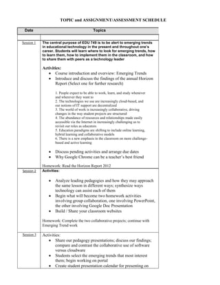 TOPIC and ASSIGNMENT/ASSESSMENT SCHEDULE
Date Topics
Session 1 The central purpose of EDU 749 is to be alert to emerging trends
in educational technology in the present and throughout one’s
career. Students will learn where to look for emerging trends, how
to learn them, how to implement them in the classroom, and how
to share them with peers as a technology leader
Activities:
 Course introduction and overview: Emerging Trends
 Introduce and discuss the findings of the annual Horizon
Report (Select one for further research)
1. People expect to be able to work, learn, and study whenever
and wherever they want to
2. The technologies we use are increasingly cloud-based, and
our notions of IT support are decentralized
3. The world of work is increasingly collaborative, driving
changes in the way student projects are structured
4. The abundance of resources and relationships made easily
accessible via the Internet in increasingly challenging us to
revisit our roles as educators
5. Education paradigms are shifting to include online learning,
hybrid learning and collaborative models
6. There is a new emphasis in the classroom on more challenge-
based and active learning
 Discuss pending activities and arrange due dates
 Why Google Chrome can be a teacher’s best friend
Homework: Read the Horizon Report 2012
Session 2 Activities:
 Analyze leading pedagogies and how they may approach
the same lesson in different ways; synthesize ways
technology can assist each of them
 Begin what will become two homework activities
involving group collaboration, one involving PowerPoint,
the other involving Google Doc Presentation
 Build / Share your classroom websites
Homework: Complete the two collaborative projects; continue with
Emerging Trend work
Session 3 Activities:
 Share our pedagogy presentations; discuss our findings;
compare and contrast the collaborative use of software
versus cloudware
 Students select the emerging trends that most interest
them; begin working on portal
 Create student presentation calendar for presenting on
 