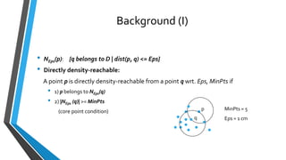 Background (I)
• NEps(p): {q belongs to D | dist(p, q) <= Eps}
• Directly density-reachable:
A point p is directly density-reachable from a point q wrt. Eps, MinPts if
• 1) p belongs to NEps(q)
• 2) |NEps (q)| >= MinPts
(core point condition) p
q
MinPts = 5
Eps = 1 cm
 