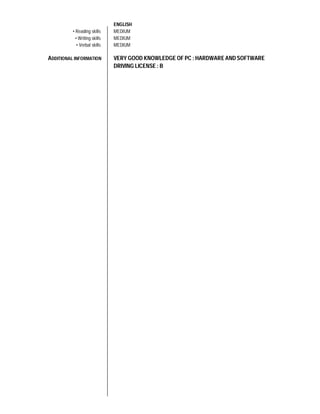 ENGLISH
• Reading skills MEDIUM
• Writing skills MEDIUM
• Verbal skills MEDIUM
ADDITIONAL INFORMATION VERY GOOD KNOWLEDGE OF PC : HARDWARE AND SOFTWARE
DRIVING LICENSE : B
 