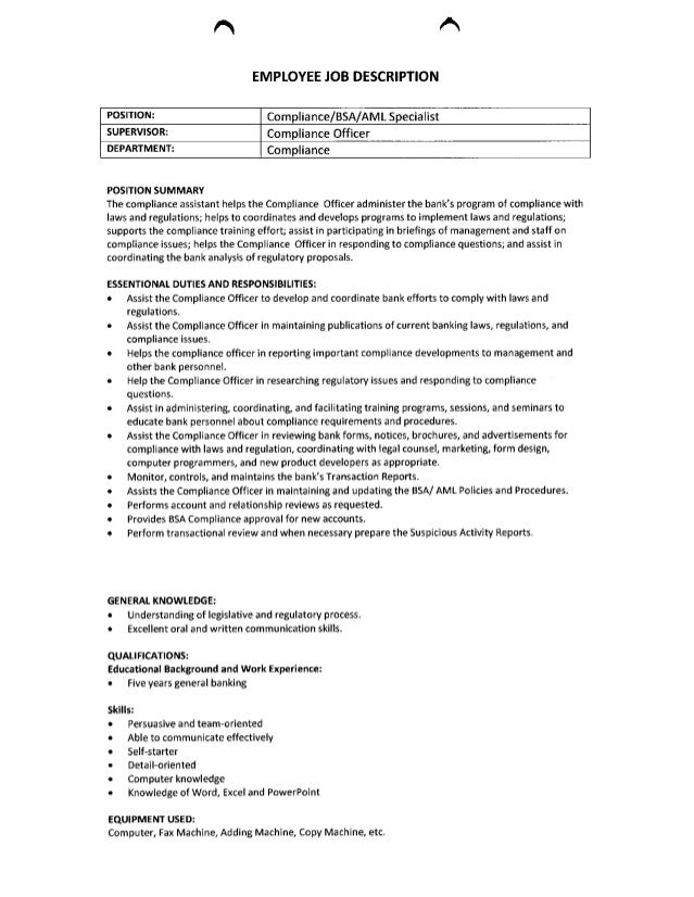 employee job description compliance bsa aml specialist