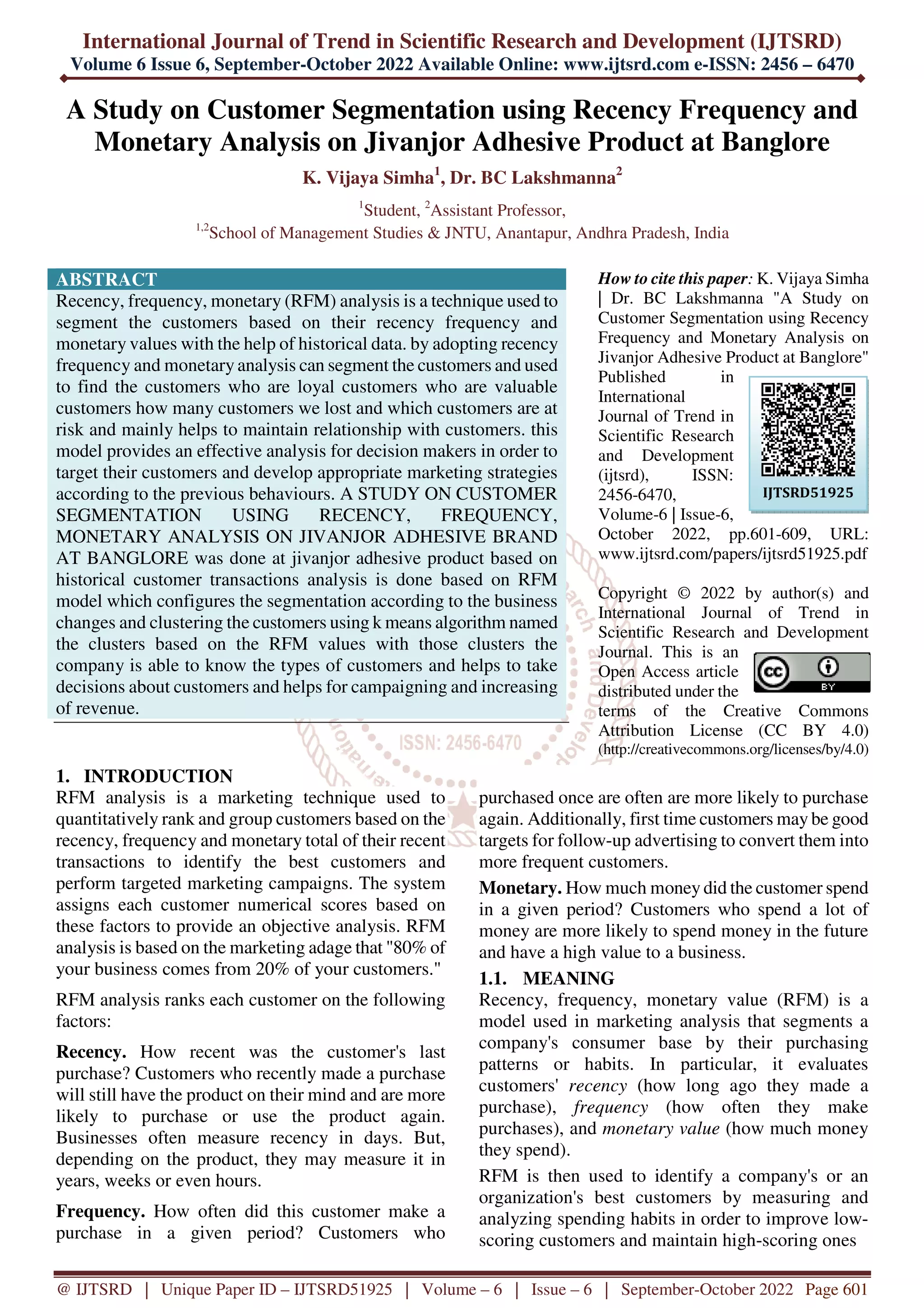 A Study on Customer Segmentation using Recency Frequency and Monetary ...
