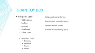 TRAIN TOY BOX
▪ Programs used:
▪ CNC machine
▪ Surfcam
▪ Autocad
▪ Corel draw
▪ Epilog Laser
▪ Machines Used:
▪ Table saw
▪ Band saw
▪ Router
▪ Sander
Cut pieces to size and shape
Glued, nailed, assembled pieces
Sanded, primed, painted
Put on fixtures as ending result
 